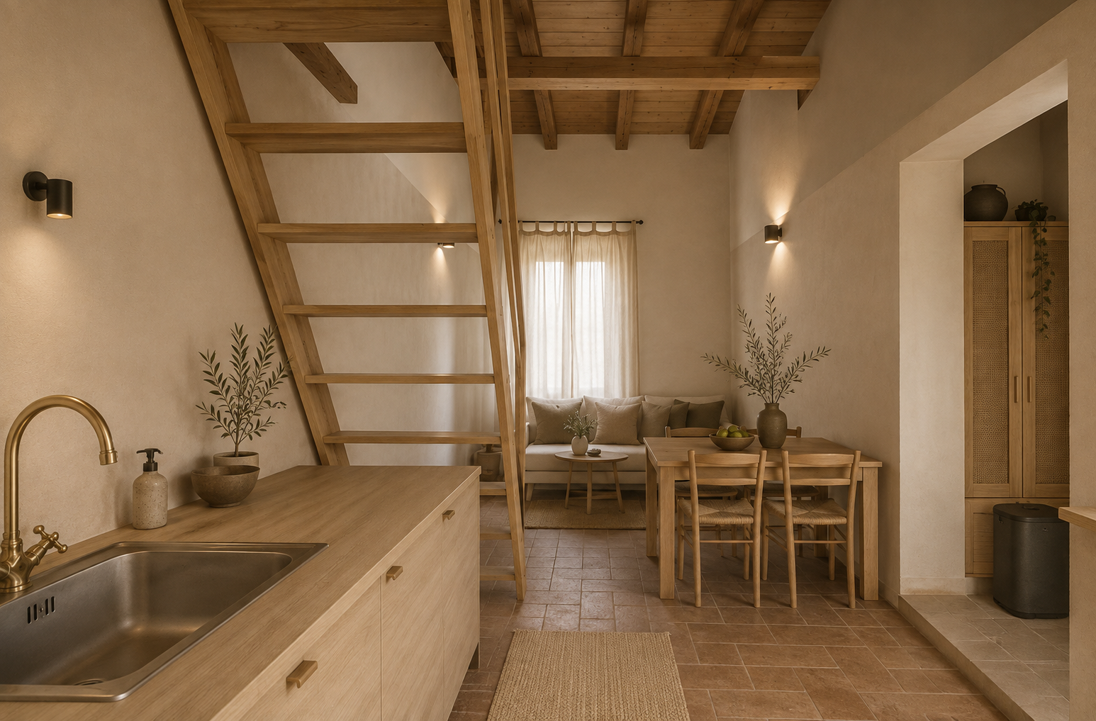 Kitchen with timber stair to a mezzanine