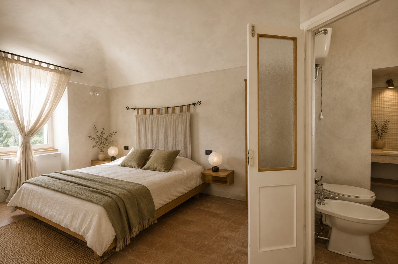 Bedroom with linen headboard
